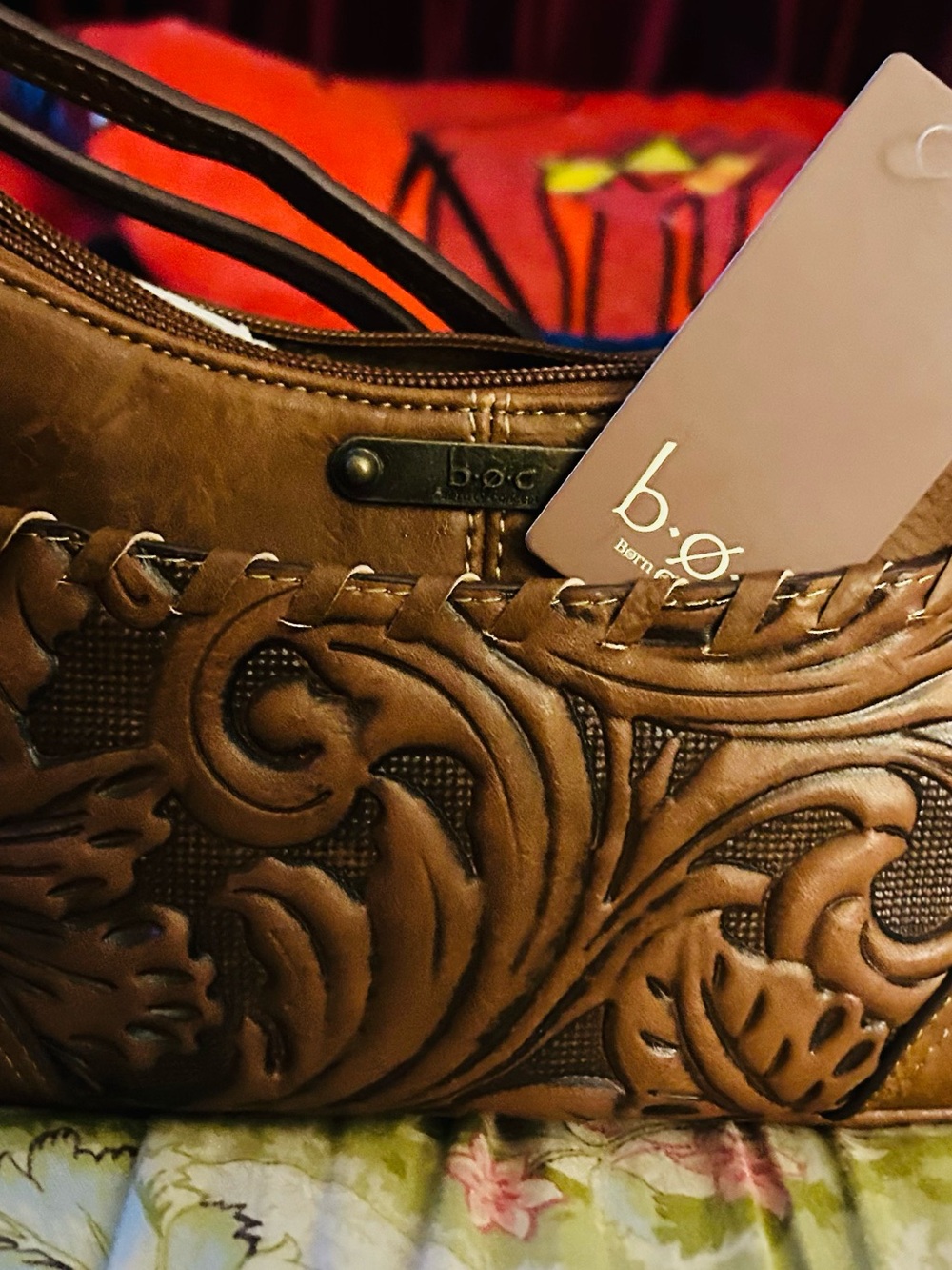 b.o.c. Brown Tooled Leather Crossbody Bag